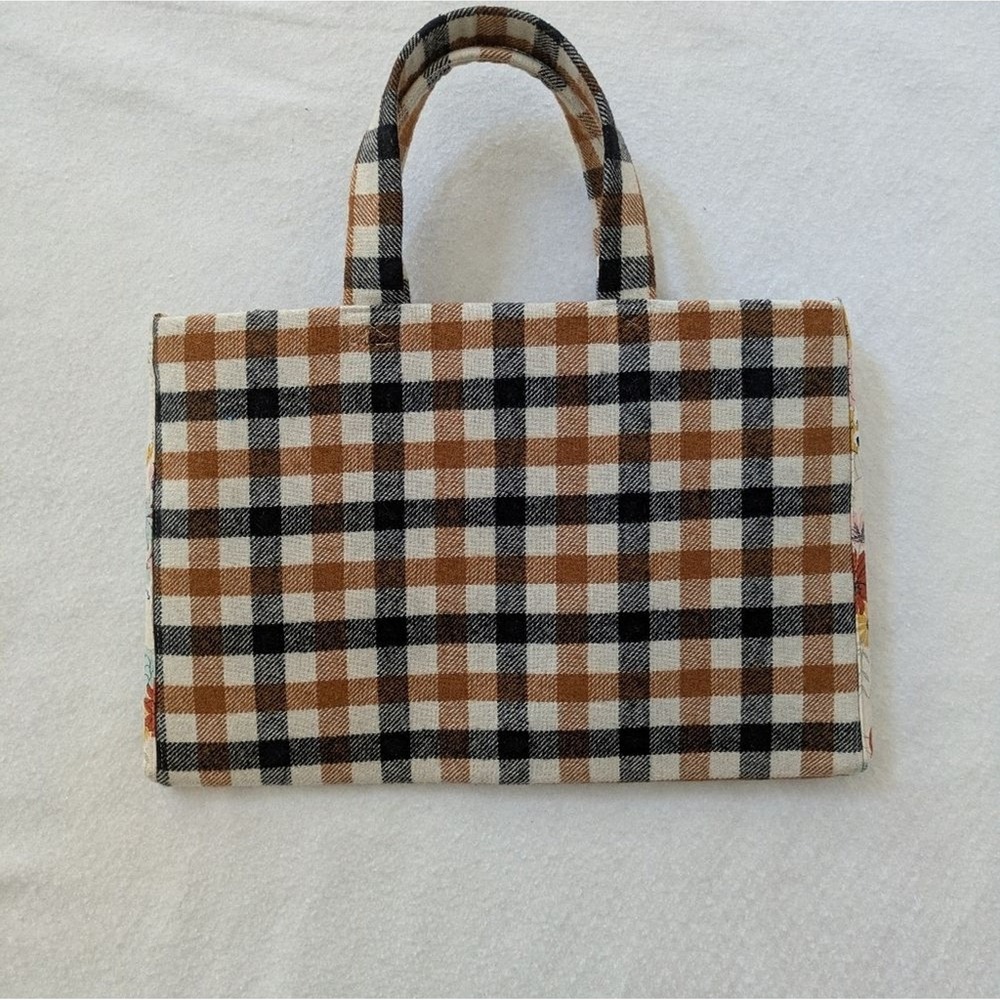 Handmade Tote Bag Women Medium Brown Plaid Flannel Floral Lining Cottagecore